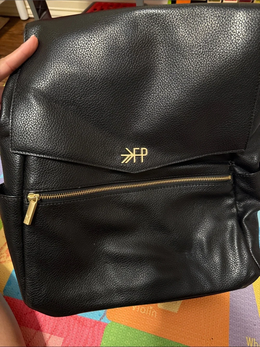 Freshly Picked Black Leather Diaper Backpack with Gold Accents